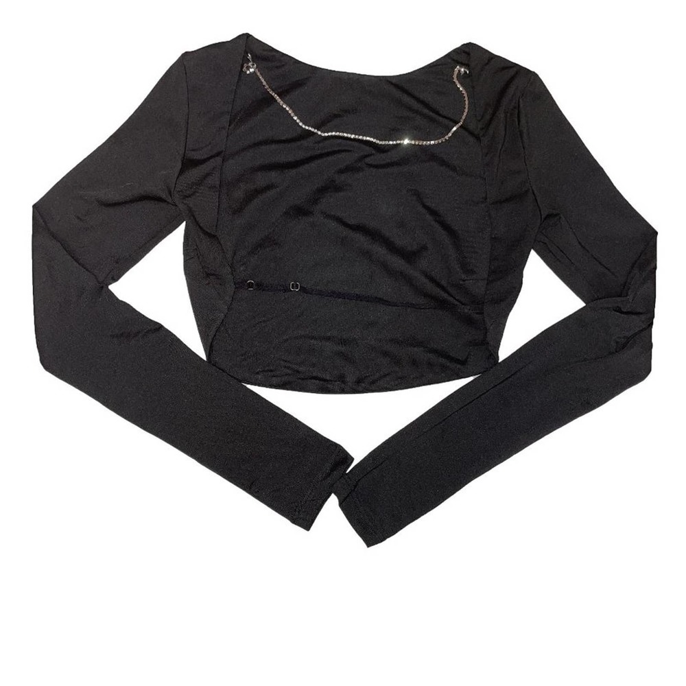 Black Rhinestone Chain Backless Crop Top